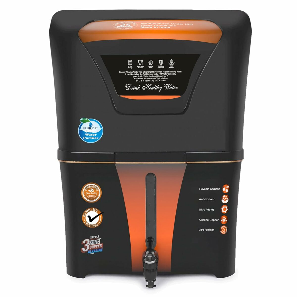 AQUA D PURE Zinc + Copper + Mineral RO+UV+UF 10 to 12 Litre RO + UV + TDS ADJUSTER Water Purifier with Copper Charge Technology black & copper Best For Home and Office