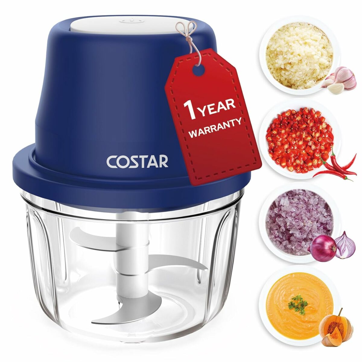 COSTAR 350Ml Rechargeable Mini Electric Chopper- 304 Stainless Steel Blades Food Processor For Kitchen, German Design, One Touch Operation, 1 Year Warranty, Ideal For Mincing Ginger, Onion, Meat