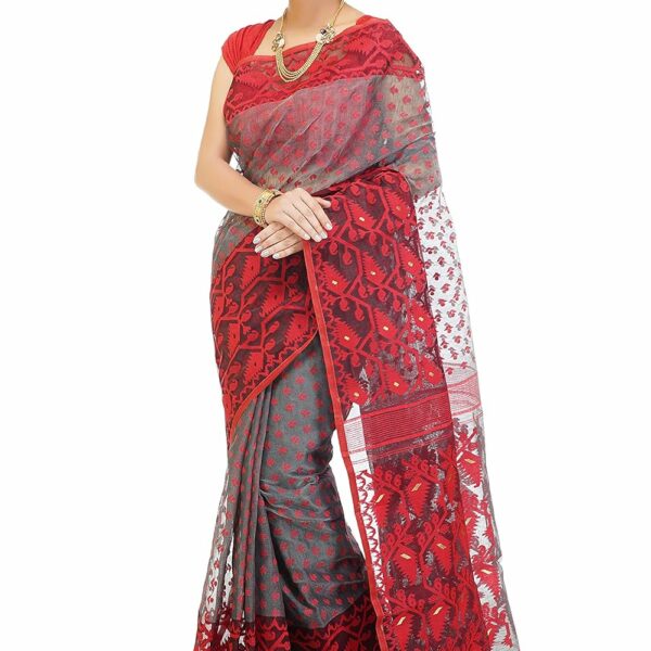 WoodenTant Women's Cotton Silk Dhakai Jamdani Saree without blouse piece