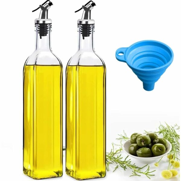 Kmils Oil Dispenser, Glass 500 Ml Oil Dispenser For Kitchen, Oil Container For Kitchen, Oil Can & Oil Pourer For Kitchen With Silicone Funnel (2 Pcs Oil Bottle + 1 Pc Silicone Funnel) - Transparent