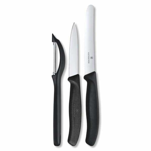 Victorinox Swiss Made Stainless Steel Swiss Classic Kitchen Knife Set of 3, Straight Edge and Wavy Edge Knife with Universal Peeler, Professional and Household Use, Black | 6.7113.31