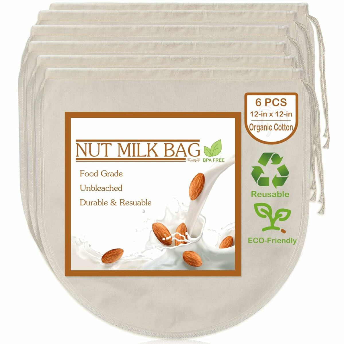 6 Pack 12"x12" Nut Milk Bags - 100% Unbleached Organic Cotton Cheesecloth, Reusable Food Strainer Colander For Straining Almond/Oat Milk, Celery Juice, Cold Brew Coffee, Yogurt and Cheese Making