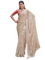 AKHILAM Women's Chiffon Embellished Floral Bagru Saree With Unstitched Blouse Piece