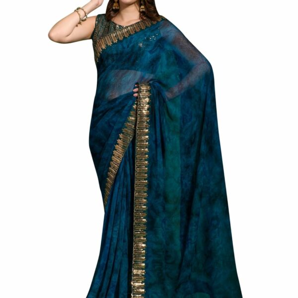 AKHILAM Women's Chiffon Turquoise Embellished Designer Saree With Blouse Piece (MNSURI218_VP_Parent)