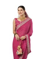 AKHILAM Women's Embroidered Bandhani Georgette Jamdani Saree With Unstitched Blouse Piece (BANDHNI1001_Parent)