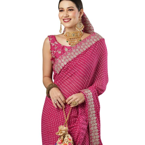 AKHILAM Women's Embroidered Bandhani Georgette Jamdani Saree With Unstitched Blouse Piece (BANDHNI1001_Parent)