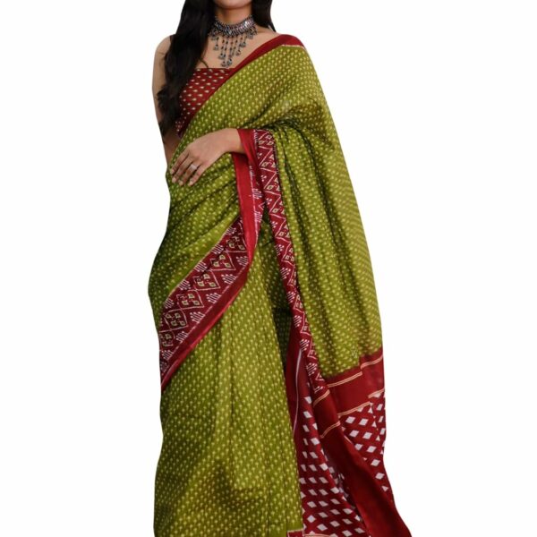 AKHILAM Women's Geometric Printed Pure Cotton Ready To Wear one Minute Saree With Unstitched Blouse Piece