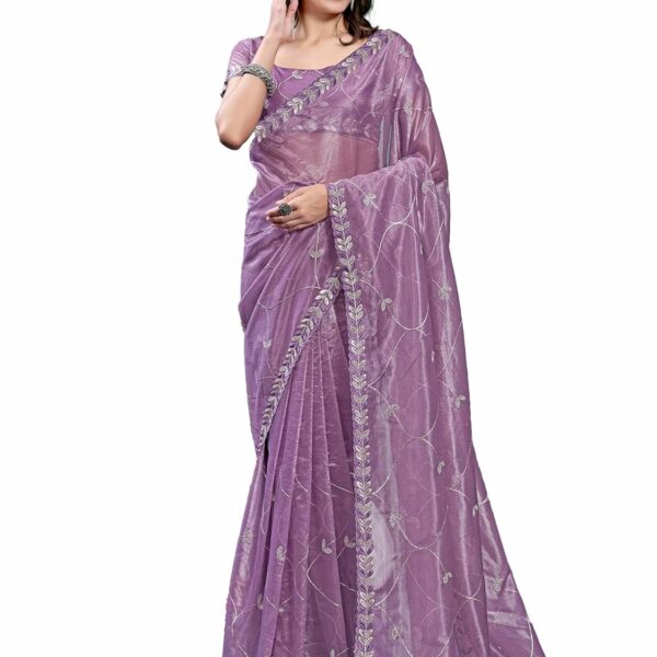 AKHILAM Women's Organza Embroidered Saree With Unstitched Blouse (ANGEL6001_AG_Parent)