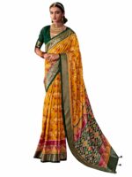 AKHILAM Women's Tussar Silk Ikat Printed Saree With Unstitched Blouse Piece