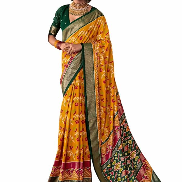 AKHILAM Women's Tussar Silk Ikat Printed Saree With Unstitched Blouse Piece