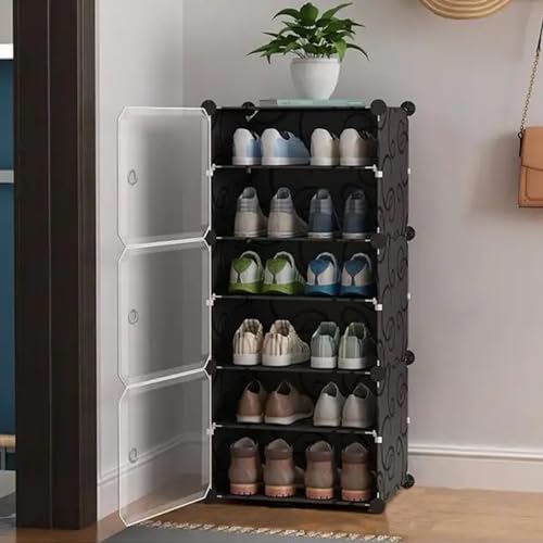 AYSIS Portable Shoe Rack for Home Plastic Shelves Household, DIY Shoe Rack with Door for Heels/Shoes for Entryway,Hallway,Bedroom (Black, 6-SHELF-3-DOOR)