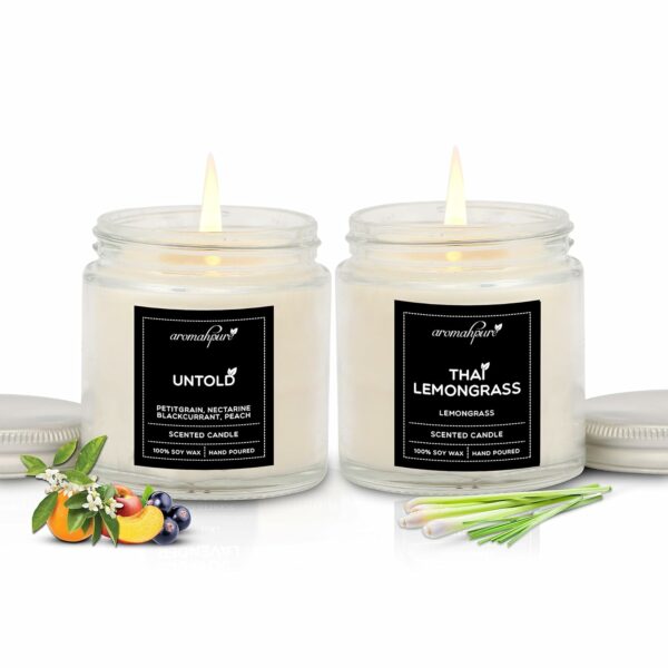 Aromahpure Scented Candles (55 Hours) (100% Soy Wax)- Handcrafted | Smoke-Free | Untold- Petitgrain, Nectarine, Blackcurrant & Peach, Thai Lemongrass Fragrance Candles for Home & Gift Sets