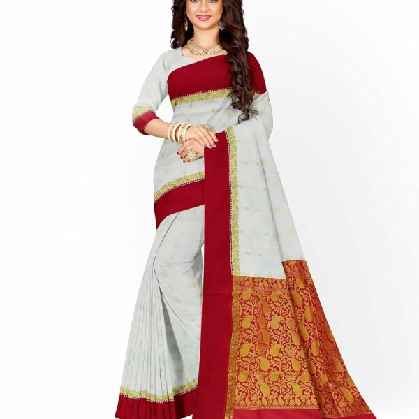 Avik Creations Women's Kanchipuram Art Silk Saree With Running Blouse (AC-706_Red & Off-White)