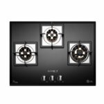 BLOWHOT Pentagon 3B Battery Operated Built - In Gas Hob Heavy LOTUS BRASS Burners | Multi Flame Function | Toughened Glass Top One Jumbo Triple Ring One Double Ring and One Small Burner - Black