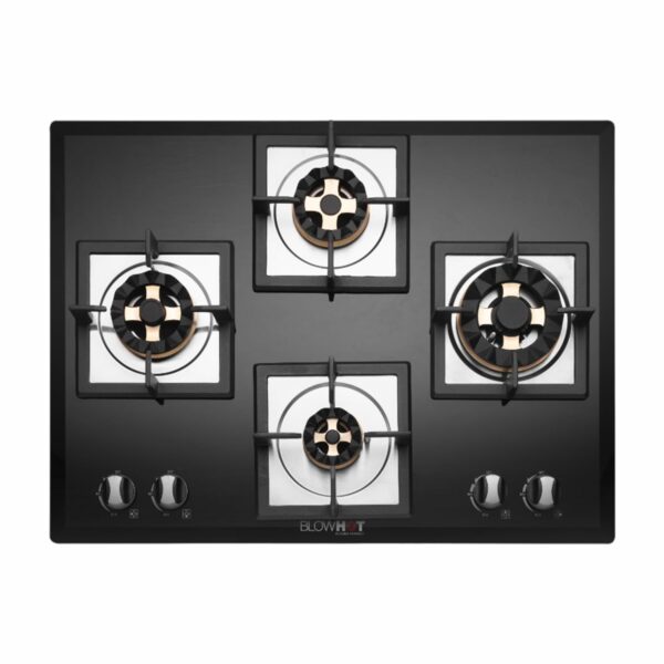 BLOWHOT Pentagon 4B Battery Operated Built - In Gas Hob Heavy LOTUS BRASS Burners | Multi Flame Function | Toughened Glass Top One Jumbo Triple Ring Two Double Ring and One Small Burner - Black