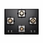 BLOWHOT Pluton 4 Burner Battery Operated Built - In Gas Hob Heavy Brass Burners With Brass Base 70cm Toughened Glass Top, One 100mm Triple Ring, Two 90mm Double Ring, One 70mm Brass Burner - Black