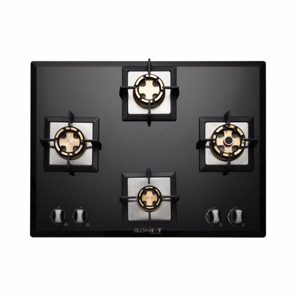 BLOWHOT Pluton 4 Burner Battery Operated Built - In Gas Hob Heavy Brass Burners With Brass Base 70cm Toughened Glass Top, One 100mm Triple Ring, Two 90mm Double Ring, One 70mm Brass Burner - Black