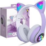 BLiSS HUES Wireless Headphones- Cute Cat Ear Headset with LED Lights, Noise Cancelling Stereo Gaming Headphones, Fashion Bluetooth 5.0 Headset for Kids & Adults Wearing- Purple