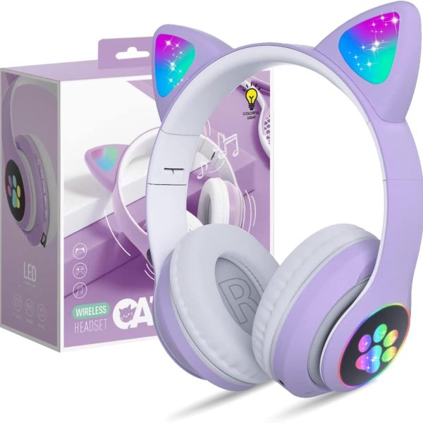 BLiSS HUES Wireless Headphones- Cute Cat Ear Headset with LED Lights, Noise Cancelling Stereo Gaming Headphones, Fashion Bluetooth 5.0 Headset for Kids & Adults Wearing- Purple