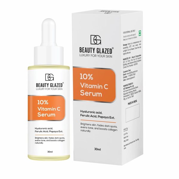 Beauty Glazed Professional 10% Vitamin C Face Serum With Power of 1% Alpha Arbutin, Vita-E, Ferulic Acid | Advance Skin Brightening Formula for Glowing Skin | Uneven Skin Tone | Non Irritating | 30 ml