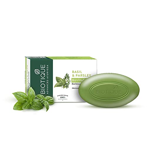 Biotique Basil & Parsley Revitalizing Bathing Bar| Ayurvedic and Organically Pure| Maintains Skin’s Natural pH |100% Botanical Extracts| Suitable for All Skin Types | 75gm