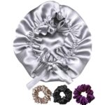 Candibella’s Satin Silk Bonnet for Hair with 3 Premium Scrunchies, Adjustable Silk Hair Cap for Sleeping, Satin Bonnet for Curly Hair with Ribbon Tie Band, Satin Hair Wrap (Silver Grey)