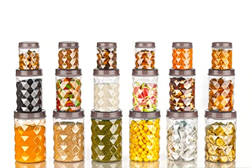 Clazkit Plastic Pet Storage Jar and Container, Set of 18 (6 pcs x 350ml Each, 6 pcs x 650ml Each, 6 pcs x 1.20ltrs Each), Black | Air Tight | Kitchen Organiser | BPA Free | Stackable