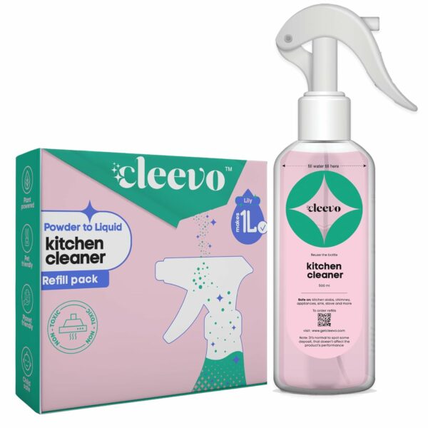 Cleevo Kitchen Cleaner Spray-Bottle Pack (1L) | Powder To Liquid Cleaning Spray for Kitchen Surfaces | Tough Stain Surface Cleaner | Ideal for Gas Stove, Countertop, Chimney for Oil & Grease Removal