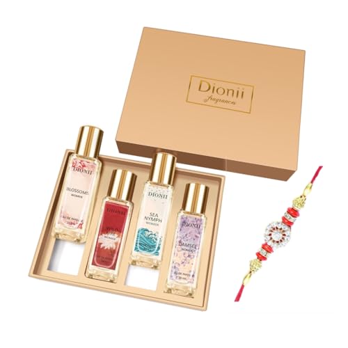 Dionii Eau De Parfum Rakhi Gift Set for Women | DAMSEL, SEA NYMPH, BLOSSOMS, WILDFIRE Perfume | Long Lasting Fragrance (4 x 20ml Each)