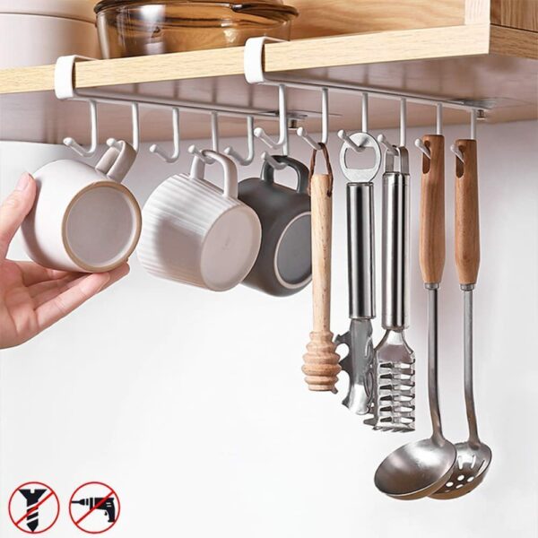 FORKLS 6 Hooks Under Shelf Cup Holder Stand for Kitchen Multi-Functional Utensil Rack for Hanging Under Cabinet Coffee Mug Holder (White, Pack of 2), Metal