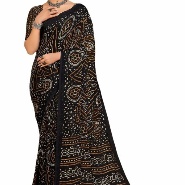 Fashion Hut Saree Women's Chiffon Bandhani Printed Sari,Saree With Unstitched Blouse Piece (Black)