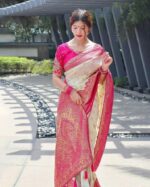 Flosive Women's Present Banarasi Soft Lichi Silk Saree Beautiful Jacquard Rich Pallu Design Work Zari Woven Kanjivaram Silk Style Saree With Soft Lichi Silk Blouse Piece Ayn Royal White & Pink.