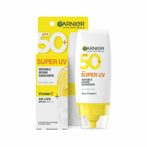 Garnier Super UV Invisible Serum Sunscreen SPF 50 PA++++ UVA/B for Broad Spectrum | Lightweight with Vitamin C | No White Cast | For All Skin Types (Oily, Dry, Acne-prone) | For Men & Women 30ml