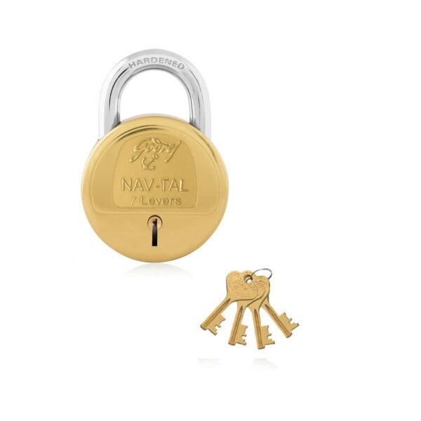 Godrej Nav-tal 7 Levers Round Padlock for Main Door with 4 Keys, Hardened Shackle Brass Finish Home Safety Door Lock (Gold, Pack of 1)