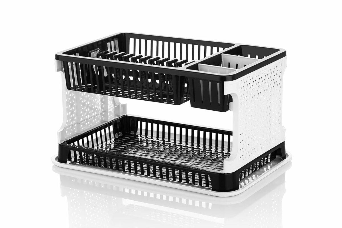 Homeor 2 Layer Durable Plastic Kitchen Sink, Large Dish Rack Drainer, Drying Rack Washing Basket with Tray for Kitchen, Dish Rack Organizers, Utensils Drainer Basket for Kitchen,Black