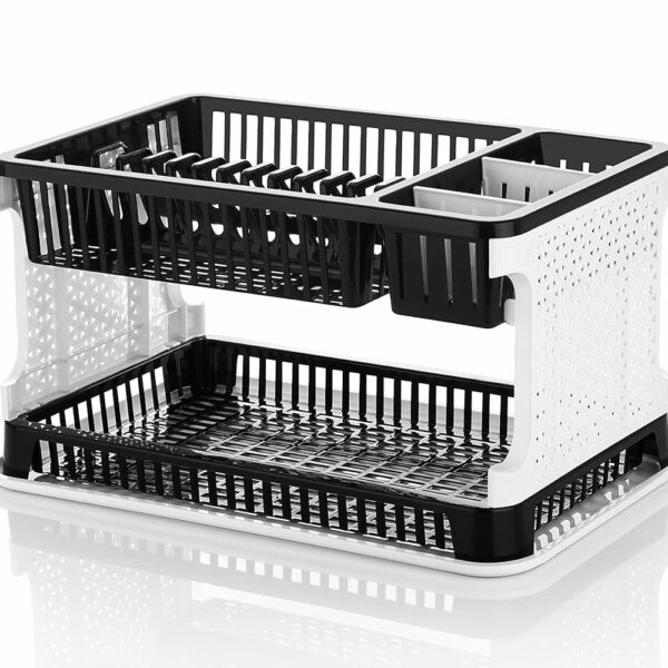 Homeor 2 Layer Durable Plastic Kitchen Sink, Large Dish Rack Drainer, Drying Rack Washing Basket with Tray for Kitchen, Dish Rack Organizers, Utensils Drainer Basket for Kitchen,Black