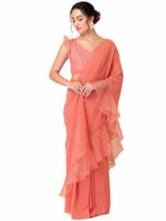 Indya Womens Pastel Pink Ruffled Pre-Stitched Saree (Without Blouse)