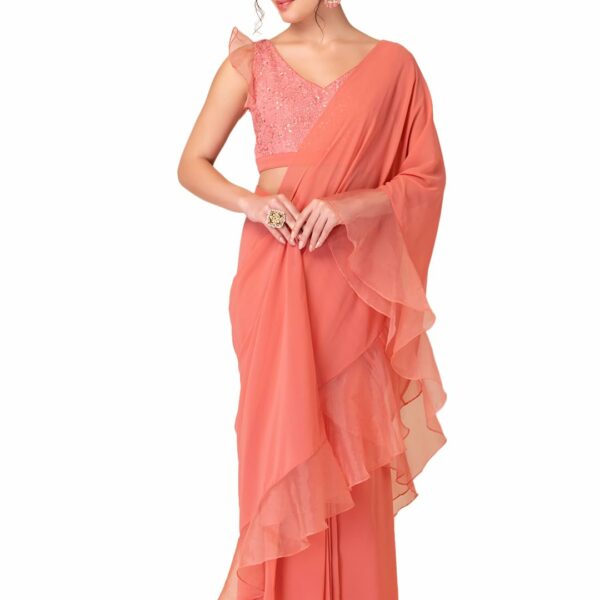 Indya Womens Pastel Pink Ruffled Pre-Stitched Saree (Without Blouse)