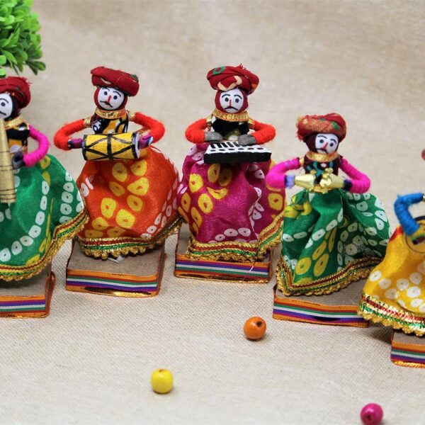 JH Gallery Recycled Material Rajasthani Home Decor Items Musician Bawla Puppets Idol Show Pieces for Home Decor 11 X 28 Cm Multicolor, 5 Pieces (Male Puppets)