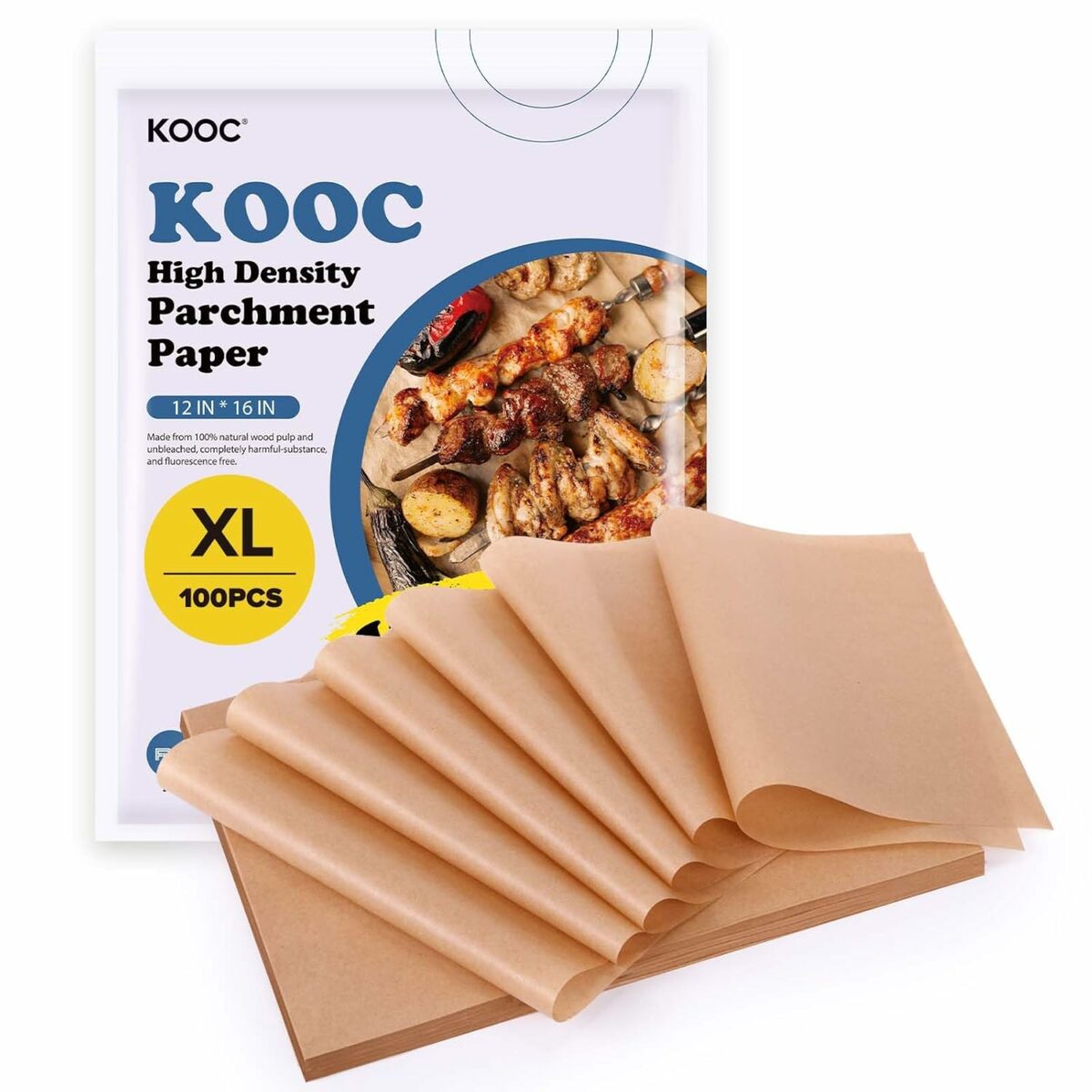 KOOC Parchment Paper Sheets Precut, Unbleached&Natural Baking Paper Sheets, 12 * 16 IN, 100pcs, Large, Compostable, Two-side Non-stick for Oven, Microwave, Air Fryer, Food Parceling