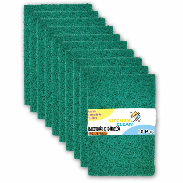 Kitchen Clean ™ 10 Pcs Large Kitchen Scrub Pads | Dish wash Scrubber | Non Scratch - Durable - Long skrab Lasting | Clean Shine Brite Utensils (Green, Large 4x6 inch, Pack of 10 Pcs)