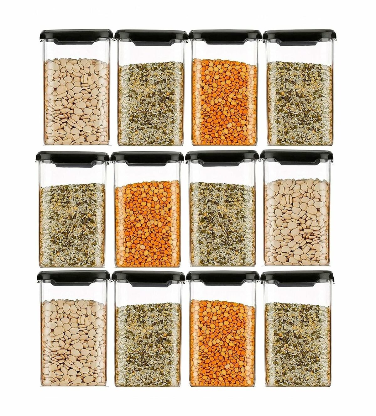 Kitchenwell Airtight Plastic Square Container Set for Kitchen Storage - 1100ml Containers | Unbreakable & Air-Tight Design | Container & Containers Set (Black, Set of 6)