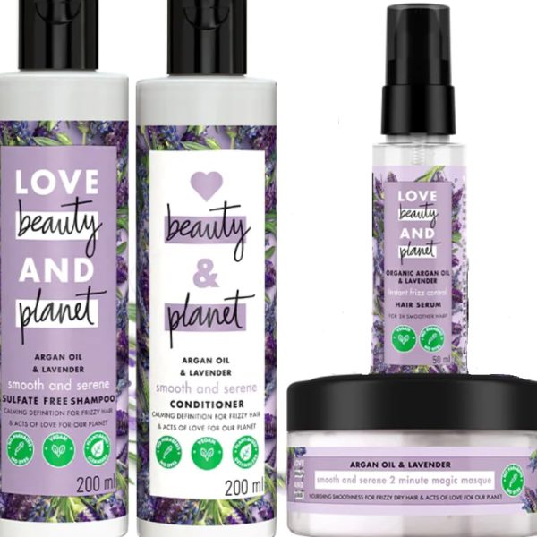 Love Beauty And Planet Argan Oil & Lavender Anti-Frizz, Smoothening Combo - Shampoo, Conditioner, Mask & Serum Combo -(200+200+200+50) ml