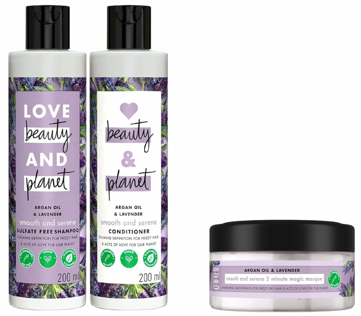 Love Beauty & Planet Argan & Lavender Anti Frizz Combo with Sulfate free Shampoo & Conditioner & Love Beauty & Planet Argan Oil & Lavender Hair Mask for dry & frizzy hair