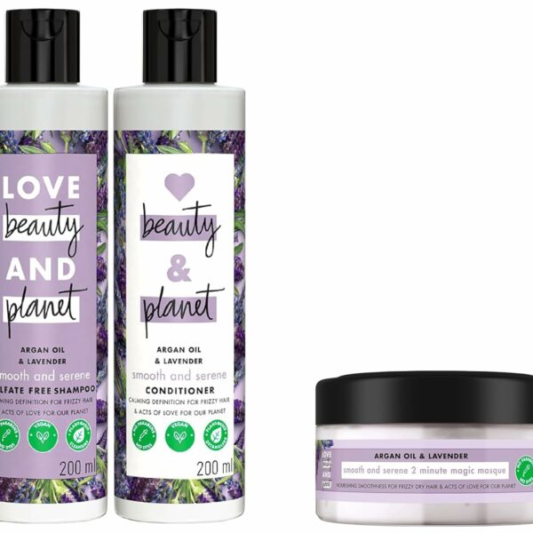 Love Beauty & Planet Argan & Lavender Anti Frizz Combo with Sulfate free Shampoo & Conditioner & Love Beauty & Planet Argan Oil & Lavender Hair Mask for dry & frizzy hair