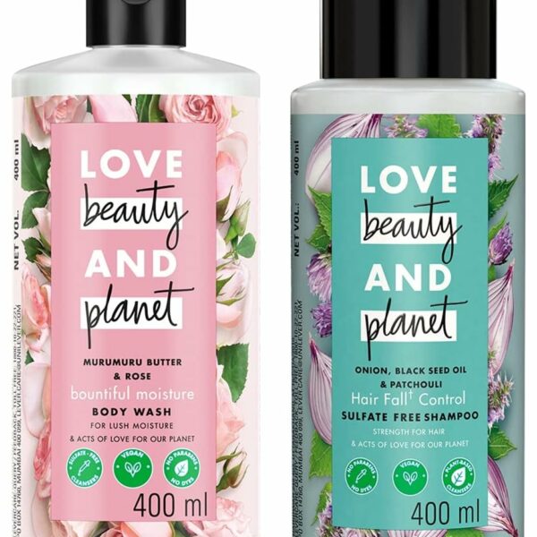 Love Beauty & Planet Onion Oil, Blackseed Oil & Patchouli Sulfate Free Hairfall Control Shampoo, 400 ml & Love Beauty & Planet Moisturising Body Wash for Dry Skin 400 ml