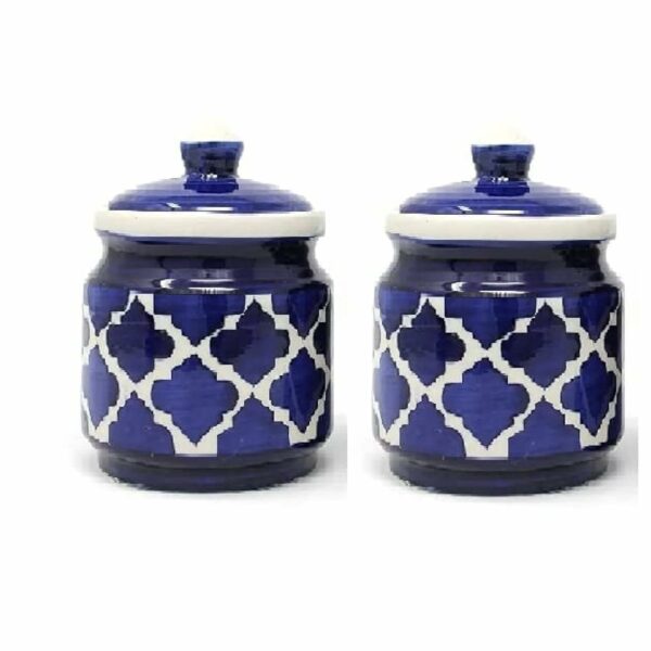 Lyallpur stores Ceramic Barni Jar For Kitchen Condiment, Container (Blue & White Color, Capacity 200Ml, Pack Of 2) For Salt Achaar & Pickle Sukha Masala etc Storage Container jar