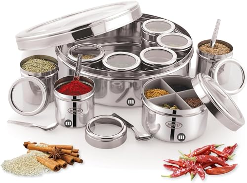 MARU 12 IN 1 Spice Box Stainless Steel with Middle Container Partitions | Masala Dabba Steel Masala Box For Kitchen Steel | Masala Dani For Kitchen See Through Lid (Size 13 Large 21.5cms) Silver