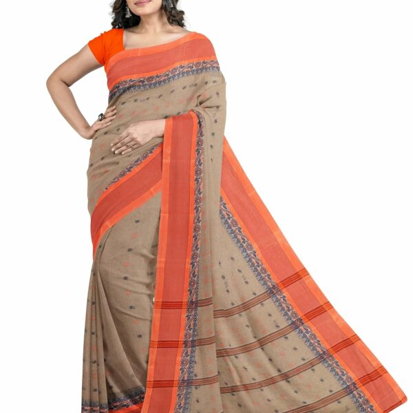 Mayabi Women's Traditional 100% Pure Cotton Bengali Tant Saree with Contrast Border and Hand Crafted Buti and without Blouse Piece