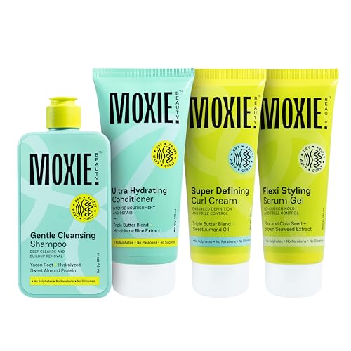 Moxie Beauty Curly Hair Routine Set | Boosts Curl Definition & Retains 96% Moisture | Gentle Cleansing Shampoo (200ml), Ultra Hydrating Conditioner (175ml), Flexi Styling Serum Gel (120ml) & Super Defining Curl Cream (120ml)